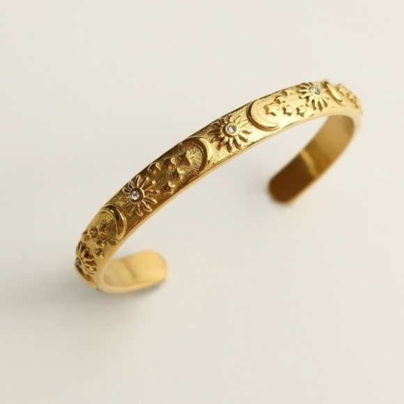Bohemian Crescent Star Bangle Bracelet | Gold Plated Stainless Steel - Picture 2 of 4